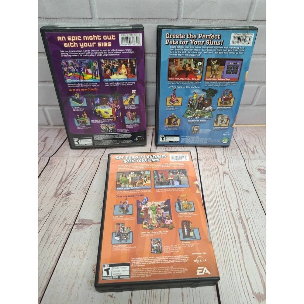 Lot Of 3, Sims 2 PC CD Game Collection, Nightlife, Open For Business, Pets Exp